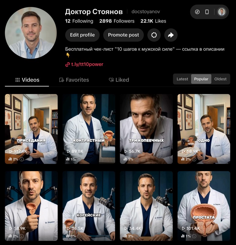 TikTok Доктора Стоянова: подборка видео с результатами от 34,4 до 137,4 тысячи просмотров